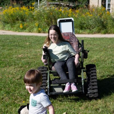 Ryle driving an all-terrain wheelchair