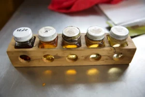 Syrup bottles showing color spectrum of syrup